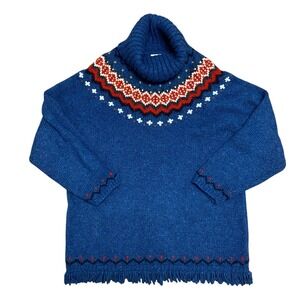 Northern Reflections Blue Wool Blend Fringe Fair Isle Turtleneck Sweater Sz L G